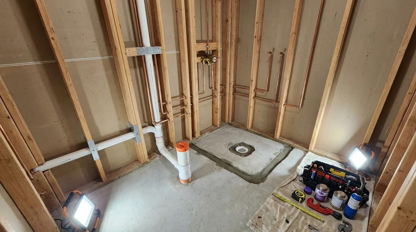 Bathroom rough-in plumbing during remodel by Johns Plumbing LLC in Tomahawk