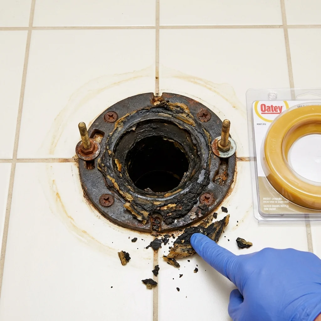 Failed wax ring showing water seepage at the base of a toilet in a Tomahawk, WI home